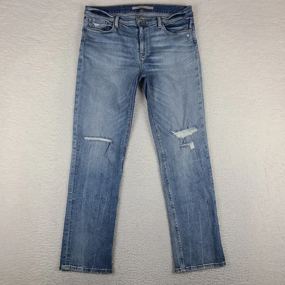 Hudson Jeans Womens 32x30 Blue Nico SLR Straight Leg Distress Light Wash Denim